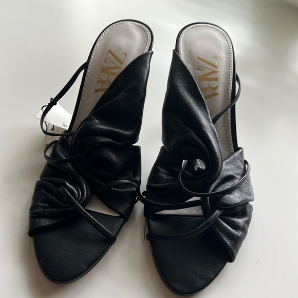 ZARA | Black Real Leather Heel Open Toe Mule Size 39/8 NWT - Picture 1 of 3